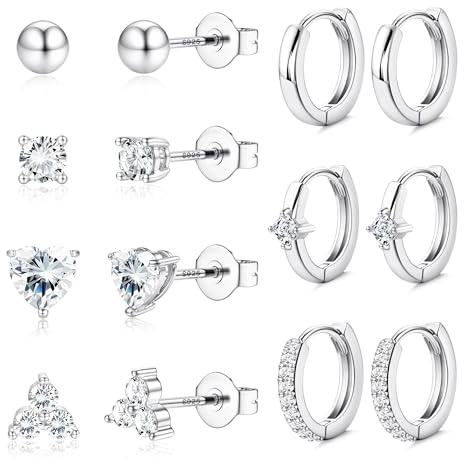 FIOROYAL 7 Paar Creole Silber 925 Nadel Ohrringe Set Ohrstecker Damen | Creolen Huggie Stecker Kleine Ohrcreolen 14K Vergoldet Cubic Zirkonia Herz Knorpel Piercing Ohr