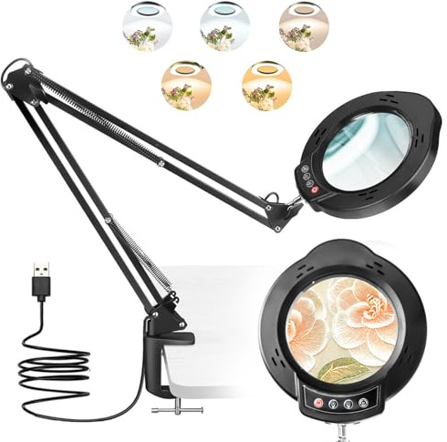 TANYO 10X Lampe Loupe sur Pied, Loupe Eclairante avec 84 LED et Pince, 5 Températures Couleur et 10 Niveaux Luminosité Lampe Loupe de Bureau pour Lecture, Bijoux, Seniors, Malvoyant, Travaux Manuel