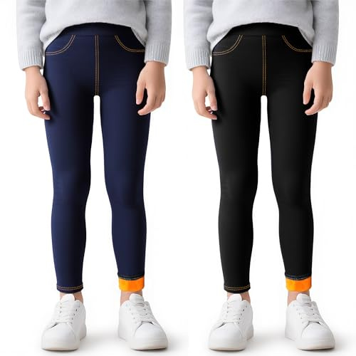 Baogaier Ragazze Termici Leggings Foderati in Pile, Jeans Jeggings Bambina Legging, Pacco da 2, Vita Alta Felpati Caldi Pantaloni Autunno Invernali Abbigliamento, 6-7 Anni, Nero & Blu
