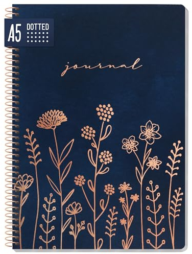 =paper&you® Dotted Journal prickad A5 med spiralbindning Fine Flowers night blue 160 sidor, anteckningsbok spiral, collegeblock, spiralblock - hållbar & klimatvänlig