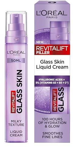 L'Oreal Paris Revitalift Filler Glass Skin Liquid Cream, Hybrid Milky Serum + Moisturiser, Korean-Skincare Inspired, For Glass Skin Glow, 100 hours Hydration, Replump Skin [Hyaluronic Acid], 50ml
