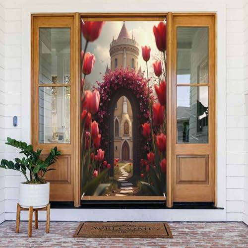 Türabdeckungen Dekorationen – moderner Schloss- und Blumenstrauß-Druck Nr. 123, Herbst-Winter-Türbanner für Vorderseite, Frühling-Sommer-Schild, Abdeckung, Banner, hängende Kulisse für Außen- und