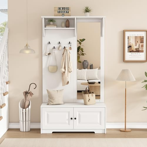 FammyLoft Garderobenset mit Spiegel, Flurgarderoben Set mit Schuhschrank und 5 Kleiderhaken, Garderobe mit 2 Schränken und Regal für Flur, Garderobenschrank und Schuhschrankkombination, Weiß