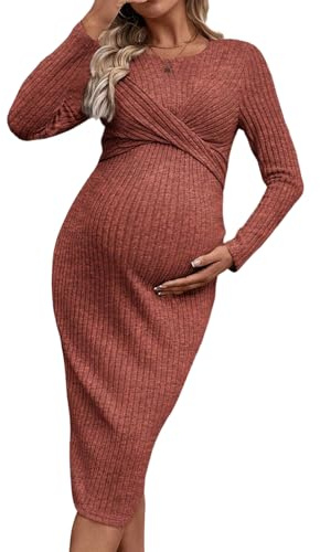 BELOWSYALER Vestido de maternidad elástico de tela suave para el día, cómodo, favorecedor, embarazo, transpirable, para baby showers, visita al médico, algodón formal maternidad, rojo vino, L