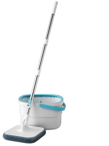 Juego de fregona giratoria plana y cubo con agua limpia y para separación de aguas residuales, exprimidor de pedal de manos, para suelos de madera dura, azulejos y laminados, blanco, 2-P