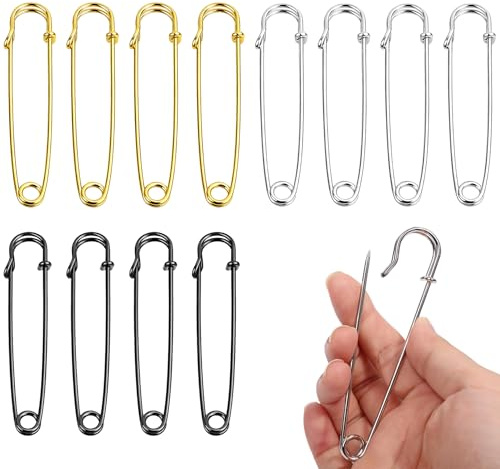 12 Stück Sicherheitsnadeln Groß Set,10cm Metall Sicherheitsnadeln Schwarz,Sicherheitsnadel Gold,Safety Pins Silber,für Kleidung,Quilten,Kunsthandwerk,Decken,Röcke,Schal,Hemd,Jacke,Leder,Segeltuch