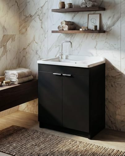 Arredamenti Delmar Mobile Lavatoio Nero 80x50 cm H85, sportello push, lavabo pilozzo in resina, Made in Italy, già montato per bagno/lavanderia