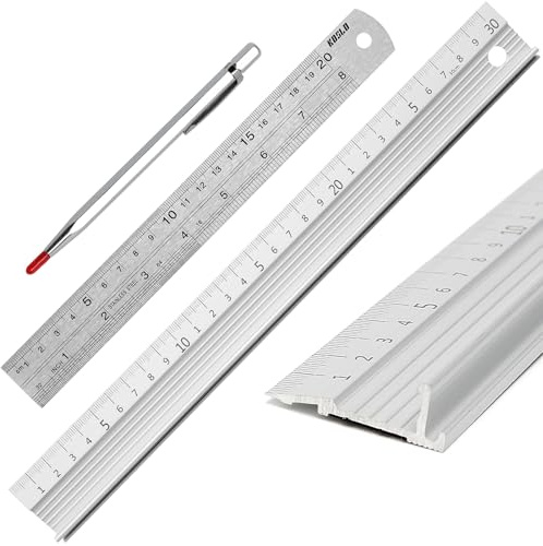 30cm Aluminium Metal Ruler Non Slip Grip, 20cm Steel Ruler Metric & Inch, Straight Edge Tool with Marking Pen for DIY, Craft, Precision Measurement