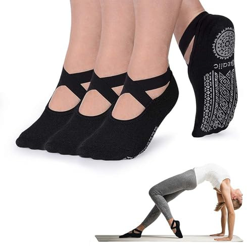 Ozaiic Pilates Socks for Women Non Slip Grip, Yoga Socks with Grippers for Barre, Hospital, Ballet, Dance, Barefoot Workout (3 Pairs-Black one_size)