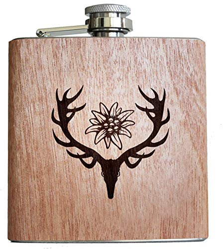 Pixelstudio Flasque en bois avec cerf et blanc précieux gravé de haute qualité cadeau pour hommes, chasseur, alpinisateur, skieurs