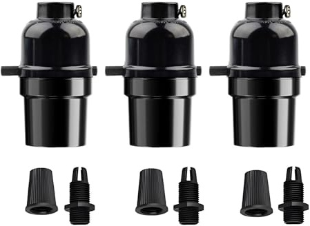 Phenolic Medium Base Light Socket with Push Switch, 3 Pack E26 Medium Screw Light Holder Black Edison Retro Pendant lamp Holder