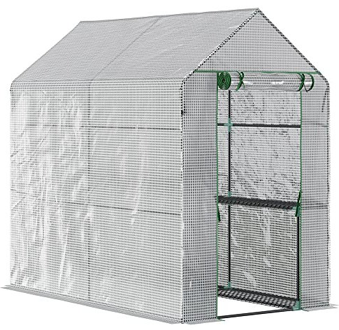 Outsunny Invernadero de Jardín Vivero Casero con 4 Estantes Puerta Enrollable Cubierta de PE 140g/m² y Marco de Acero para Cultivos Plantas Macetas Flores 120x186x190 cm Blanco