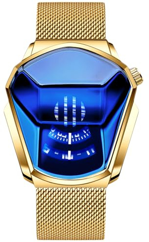 RORIOS Herren-Armbanduhr, Quarz, Analog, Kreativ, Uhren, Armband für Herren, aus Mesh, Edelstahl, Sportlich, Herrenuhr, Gold, Blau, B, Armband