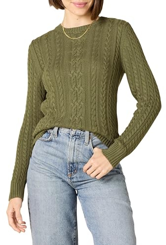 Amazon Essentials Women's Soft Fisherman Cable Knit Long-Sleeve Crewneck Sweater (Available in Plus Size), Olive, Large