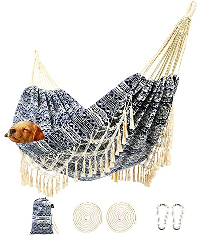 Garten-Hängematte mit Quasten, für 2 Personen, mit tragbarer Tragetasche, Deluxe-Makramee-Fransen für Terrasse, Veranda, Hinterhof, Strand, Baumwollstoff, bis zu 204 kg (blau-weiß)