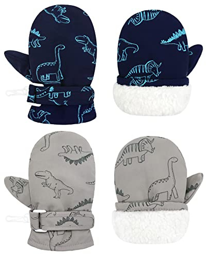 Dinosaur Toddler Mittens - Waterproof Snow Gloves, Navy & Grey, 6-24 Months