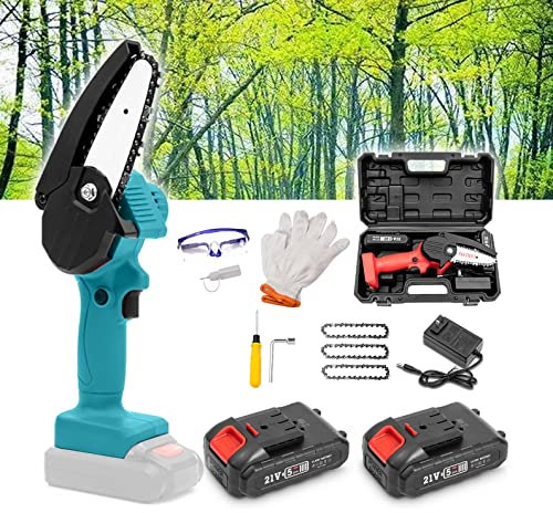 Mini Chainsaw, 4-Inch Cordless Portable Handheld Electric Saw, Wood Cutting Pruning Logging, Small One-Handed for Garden Courtyard Tree, 2PC Battery Powered (Color : Blue)