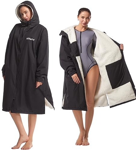 Hiturbo Wasserdichter Bademantel für Erwachsene: winddichter warmer Bademantel, übergroßer Mantel, Surf-Poncho mit Fleecefutter