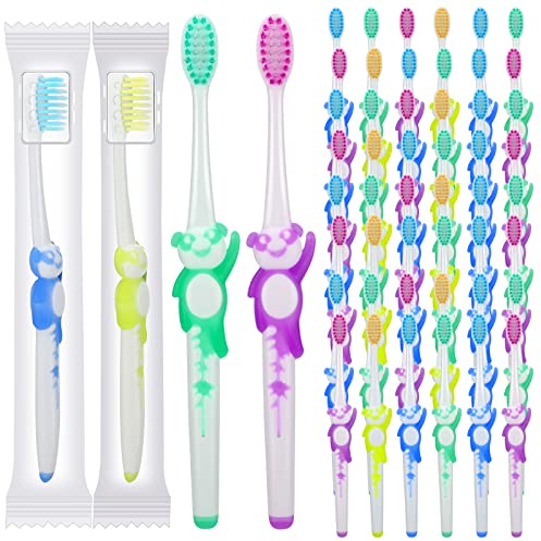 Bokon 300 Pcs Kids Toothbrushes Soft Bristle and Cute Panda Rubber Handles for Toddler Includes Travel Covers, Individually Wrapped 4 Colors Toothbrush for Kid Home School Daycare Oral Camp