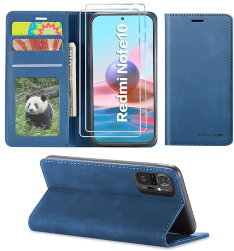 SLWYF Funda para Xiaomi Redmi Note 10 4G/Note 10S, con Protector de Pantalla, Soporte Plegable Tapa Flip de PU Ranuras Tarjetas Magnético Protección, Protección de Cuero Premium, Azul