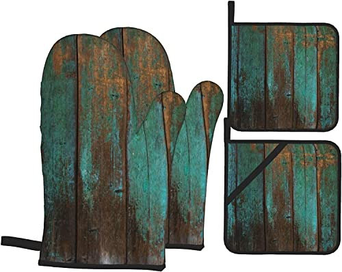 Oven Mitts and Pot Holders Sets of 4 Country Rustic Distressed Teal Green Barn Wood Polyester Oven Mitts with Oven Gloves and Hot Pads Potholders for Kitchen BBQ