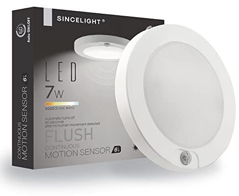 SINCELIGHT Luminaire de Plafond LED(Φ6'/146mm) avec détecteur de mouvement PIR, 7W, Allumage et Extinction Automatiques, Blanc Froid 6000K, montage en surface pour plafond, placard, sous armoire