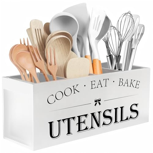 Suli Porte Ustensiles de Cuisine Bois,Extra Large avec 4Compartiments,Blanc
