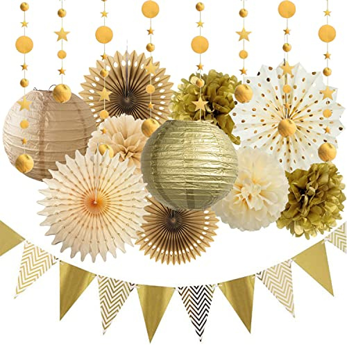 Gold Party Dekoration Creme Tan Papierfächer Papier Laterne Pompons Papierblumen Wimpel Banner für Hochzeitsdeko Geburtstag Brautdusc Babyparty Verlobungsfeier Abschluss Dekoration