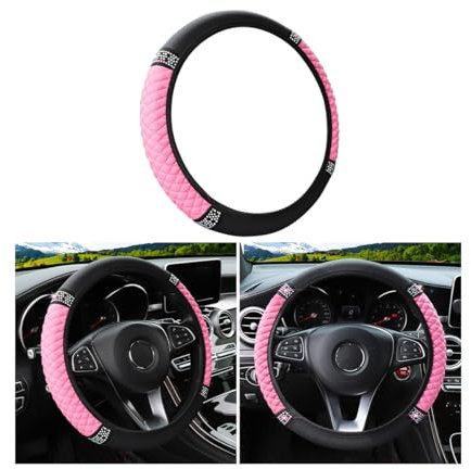 CGEAMDY Universelle Couvre Volant Voiture, Housse De Volant De Voiture sans Anneau Intérieur en Cuir Brodé, 37-38CM, PU Cuir Antidérapant Respirant, Protège-Volant pour Auto (Rose)
