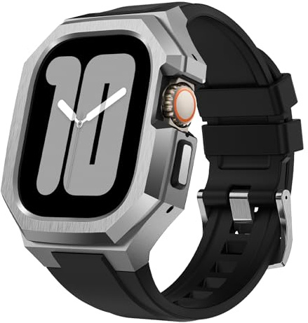 AIRYZGOOD Boîtier en métal de luxe avec bracelet compatible avec Apple Watch 44 mm, 45 mm, coque de protection robuste avec bracelet en silicone souple pour iWatch Series 8/7/6/SE/5/4 (argenté, 45 mm)