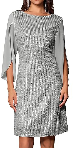 Grace Karin Spetsklänning för ceremonier för kvinnor, rund urringning, 3/4-chiffongärmar med slits, A-linjeformad midiklänning, Silver paljett, XL