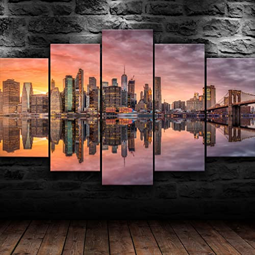 WAGYU Mit Rahmen Leinwandbild 5 TLG Kunstdruck,Bilder auf Leinwand 5 TLG Vlies Wandbild New York City Brooklyn Bridge,Leinwand Gemälde XXL,Tapete,Puzzle,leinwanddrucke,5 Stücke Bilder,125x60cm