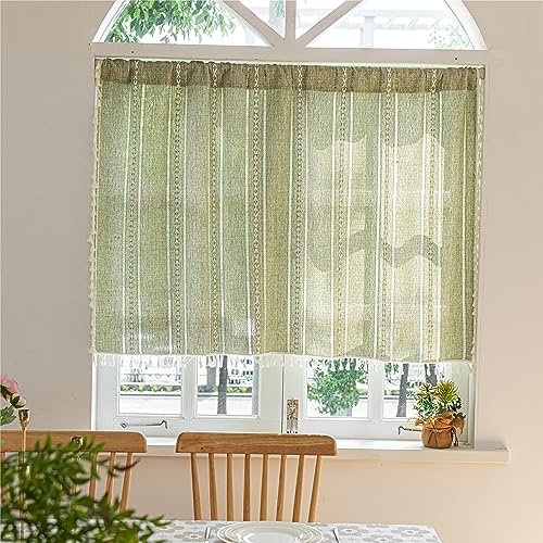 Sutuo Home Tenda verde bohémien, 132 x 91 cm (larghezza x lunghezza) a righe bianche con mantovana corta, 1 pannello ricamato in stile bohémien, decorazione per finestre per piccoli armadi