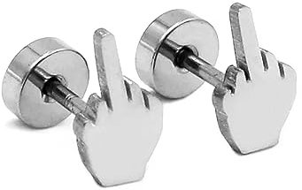 BlackAmazement 2er Set 316L Edelstahl Fake Plug Ohrstecker Ohrringe gestreckter Mittelfinger gehobener Finger Silber Punk Biker Damen Herren