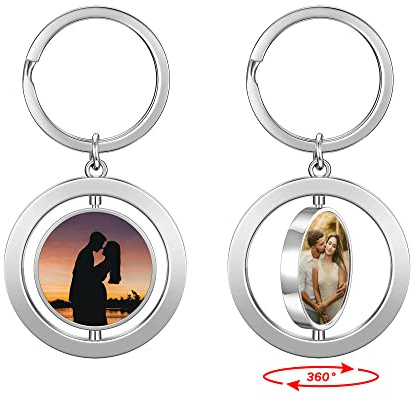 PiercingJak Porte-clés Photo Personnalisé Porte Clef Photo Personnalisable Pendentif Rotation à 360° Cadeau Couple Amour Amoureux Amitié Famille Anniversaire Noël