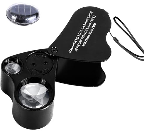 TITKBOW Loupe de bijoutier 30 x 60 x pliable avec 2 LED lumière grossissante avec lumière pour travaux manuels, montres, diamants, tailles, pierres précieuses, noir