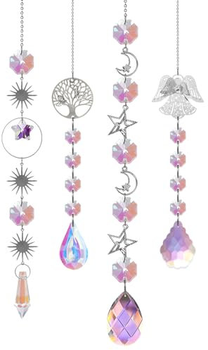 DKDDSSS 4 Pezzi Acchiappasole Cristallo, Acchiappasole con Elemento Albero Della Vita e Angelo, Acchiappa Sole con Elemento Stella Sole Luna, Prismi Arcobaleno Suncatcher Pendenti, per Casa Finestra