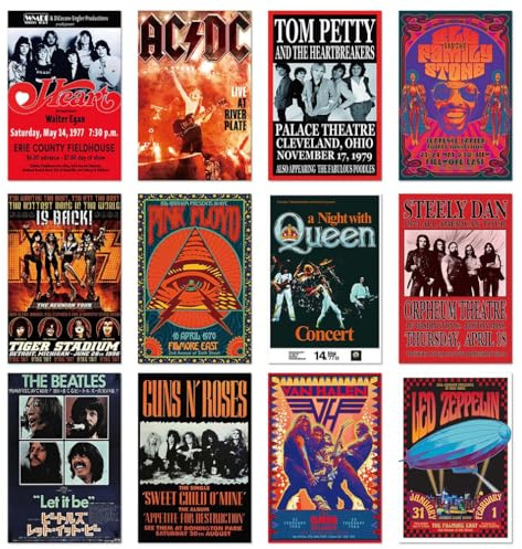 TUOCYERD Vintage Rock Band Posters, 12 Pcs 70s 80s 90s Retro for RoomBedroom Decor Wall Art, Concert Poster Collage, HD Canvas Prints Wall Art for College Dorm, Bar Decor 8x12inch(20×30cm)