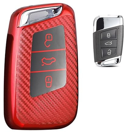 ontto Schlüsselhülle Passt für VW Passat B8 Jetta Arteon R Golf Atlas Magotan für Skoda Superb Octavia 3 Tasten TPU Kohlefaser Autoschlüssel Hülle Etui Schlüsselbox Schlüsselgehäuse Auto Zubehör-Rot