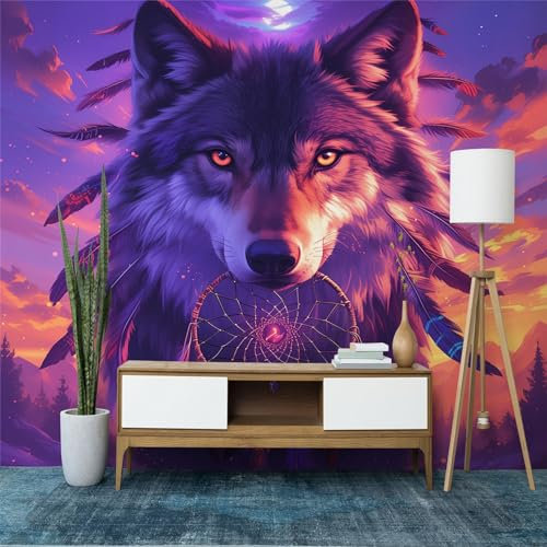 Fototapeten Tier Wolf Traumfänger Wandtapete B200 x H140 cm, Lila Vliestapete Wandbilder Tapete 3D Effekt für Wohnzimmer Schlafzimmer Kinderzimmer Wanddekoration Kindertapete