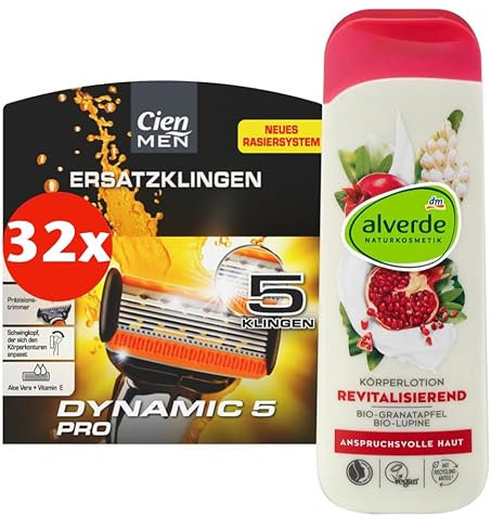Cien Men 32 Ersatzklingen (8 x 4 Rasierklingen) für LIDL DYNAMIC 5 PRO 5-Klingen-Rasiersystem VERSION 2024 + alverde NATURKOSMETIK Körperlotion revitalisierend mit Bio-Granatapfel & Bio-Lupine, 250 ml
