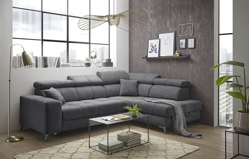möbelando Ecksofa >Sydney< Elektrische Sitztiefenverstellung, 5 verstellbare Kopfstützen, Bettkasten, in anthrazit - 282x105x198 (BxHxT)