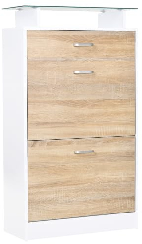 HOMCOM Mueble Zapatero Armario Zapatero con 3 Cajones Estante de Vidrio y Asa de Aluminio para Pasillo Entrada Carga 50 kg 60x24x105,5 cm Natural