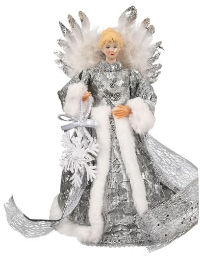 Puntera para árbol de ángel de Navidad, punta para árbol de ángel, adornos para árbol de Navidad | Adorno de árbol de ángel con alas de plumas blancas para árbol de Navidad para decoraci n