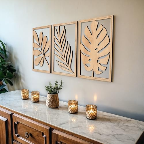 qmmp Moderne Wandskulpturen aus Holz - 3er-Set - Wohndekoration Akzent - große Wandkunst für Wohnzimmer, Schlafzimmer, Büro - einfache Installation (Eiche, Mittel - Baumblätter)
