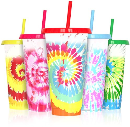 710ml Farbwechselbecher mit Deckel und Strohhalm [5er Set] – Wiederverwendbare Plastikbecher für Kaltgetränke, Iced Coffee & Smoothies – Tie-Dye Design, BPA-frei, inkl. Reinigungsbürsten