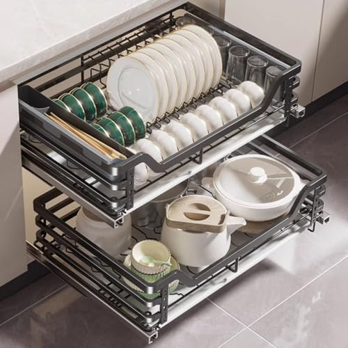 CAFIEDR Ausziehbarer Schrank-Organizer, 2-stufige Schiebeschubladen, Regale mit Auffangschale, verstellbare Schienen, dämpfende Führungsschiene, Installation 21,6-36,2(Schwarz für 75-cm-Schrank)