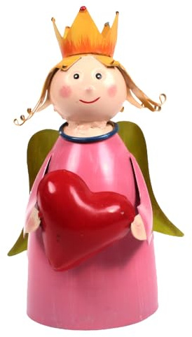 Lenzbach Zaunhocker Engel mit Herz rosa 22 cm Figur aus Blech Prinzessin Metall Deko Garten Balkon Dekofigur Königin Pfostenhocker Love Shabby