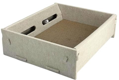 Kratzbox für Katzen aus Filz mit wendbarer Kratzpappe (2 STK.) und integriertem Katzenspielzeug - platzsparende Alternative zum Kratzbaum (Creme)