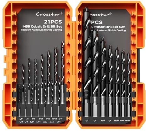 Crosstar M35 Cobalt Drill Bit Set - 21pcs 1/16-1/2 TiAlN Coated Self-Centering Metal Drill Bits for Thin Hardened Steel, Stainless Steel, Titanium| Bullet Point Tip, High-Speed Jobber Bits